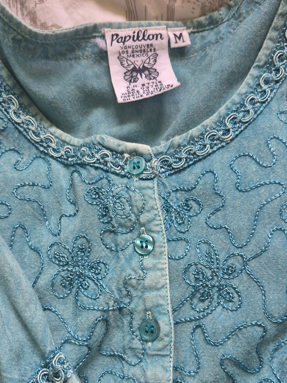 90s Vintage Papillon Cottagecore Dress Teal Blue Embroidered Empire Waist - Picture 2 of 5